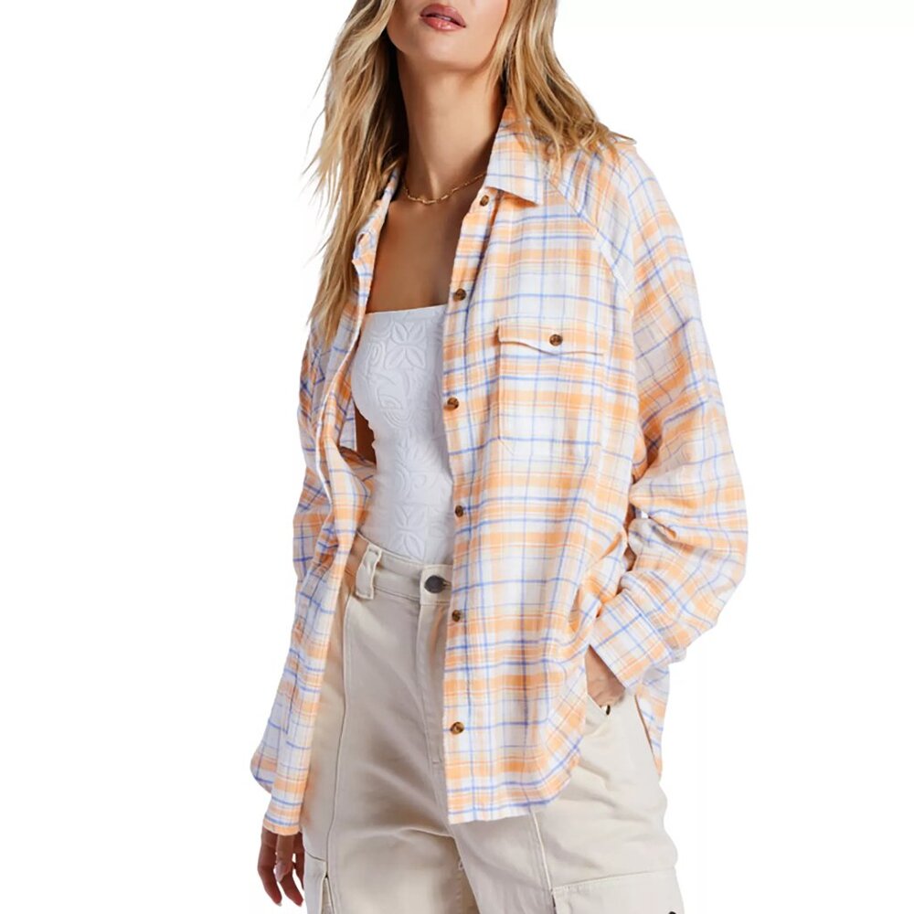 NWT $89 Billabong Women Oversized Best Time Plaid Flannel Shirt Size Med